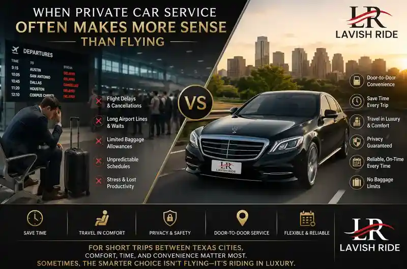 Comparison infographic showing stressful airport delays versus luxury Mercedes S600 private car service with Lavish Ride branding, highlighting comfort, privacy, reliability, and door-to-door travel between Texas cities.